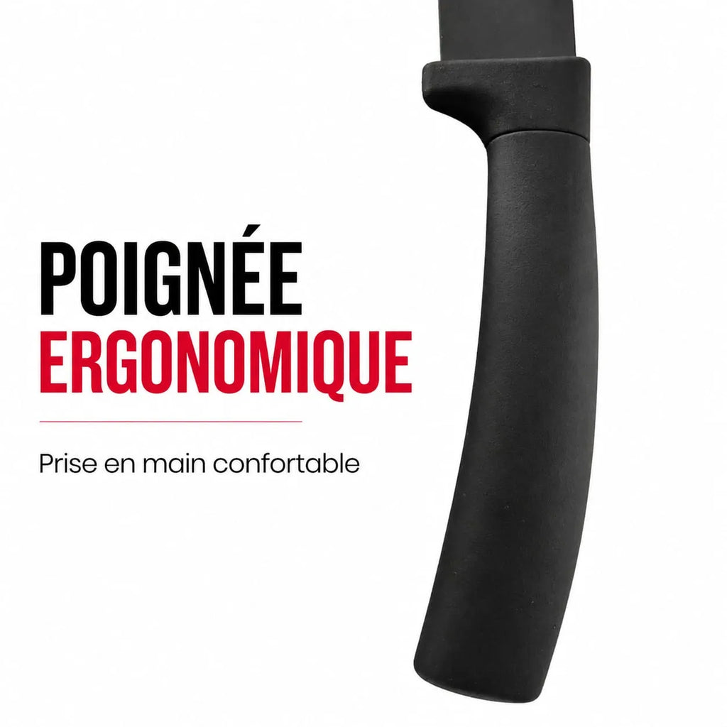 Gros plan sur la poignée ergonomique noire d’un couteau Herzberg HG-MSN8BLK