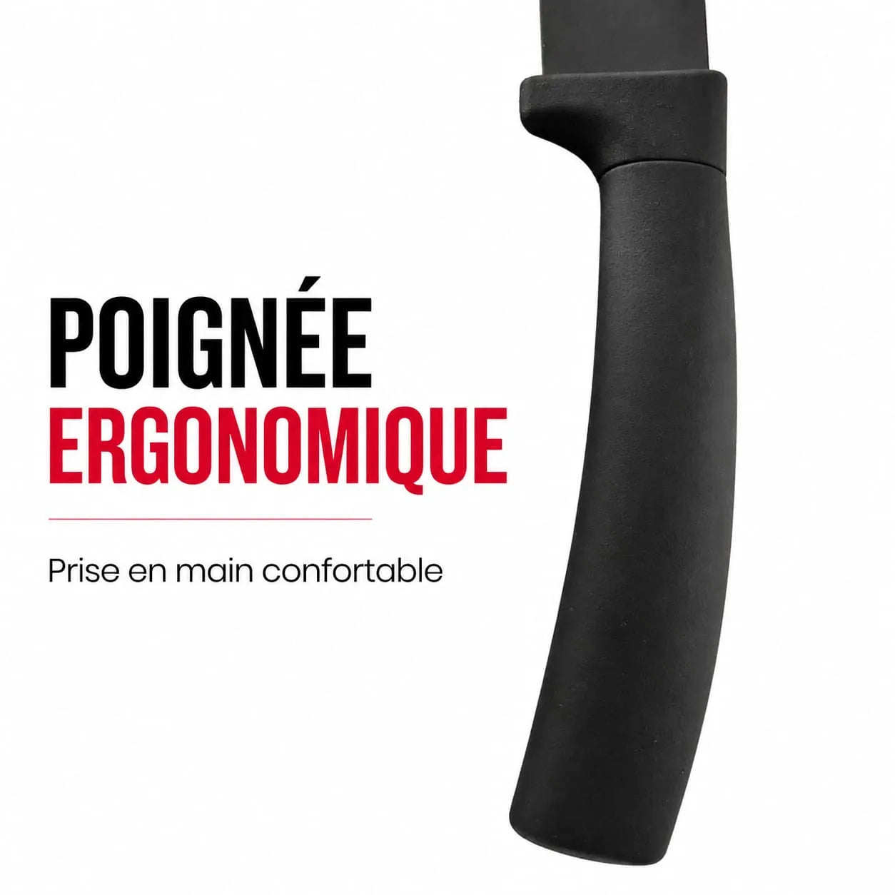 Gros plan sur la poignée ergonomique noire d’un couteau Herzberg HG-MSN8BLK