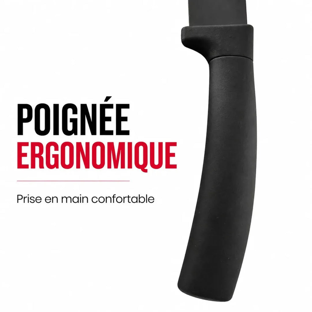 Gros plan sur la poignée ergonomique noire d’un couteau Herzberg HG-MSN8BLK