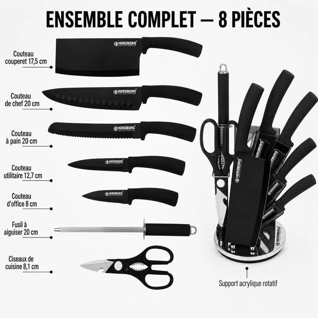 Ensemble Herzberg HG-MSN8BLK comprenant 5 couteaux, fusil à aiguiser, ciseaux et support acrylique rotatif