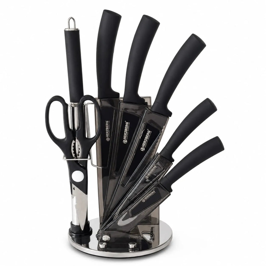 Set de couteaux de cuisine noir Herzberg HG-MSN8BLK avec support acrylique rotatif