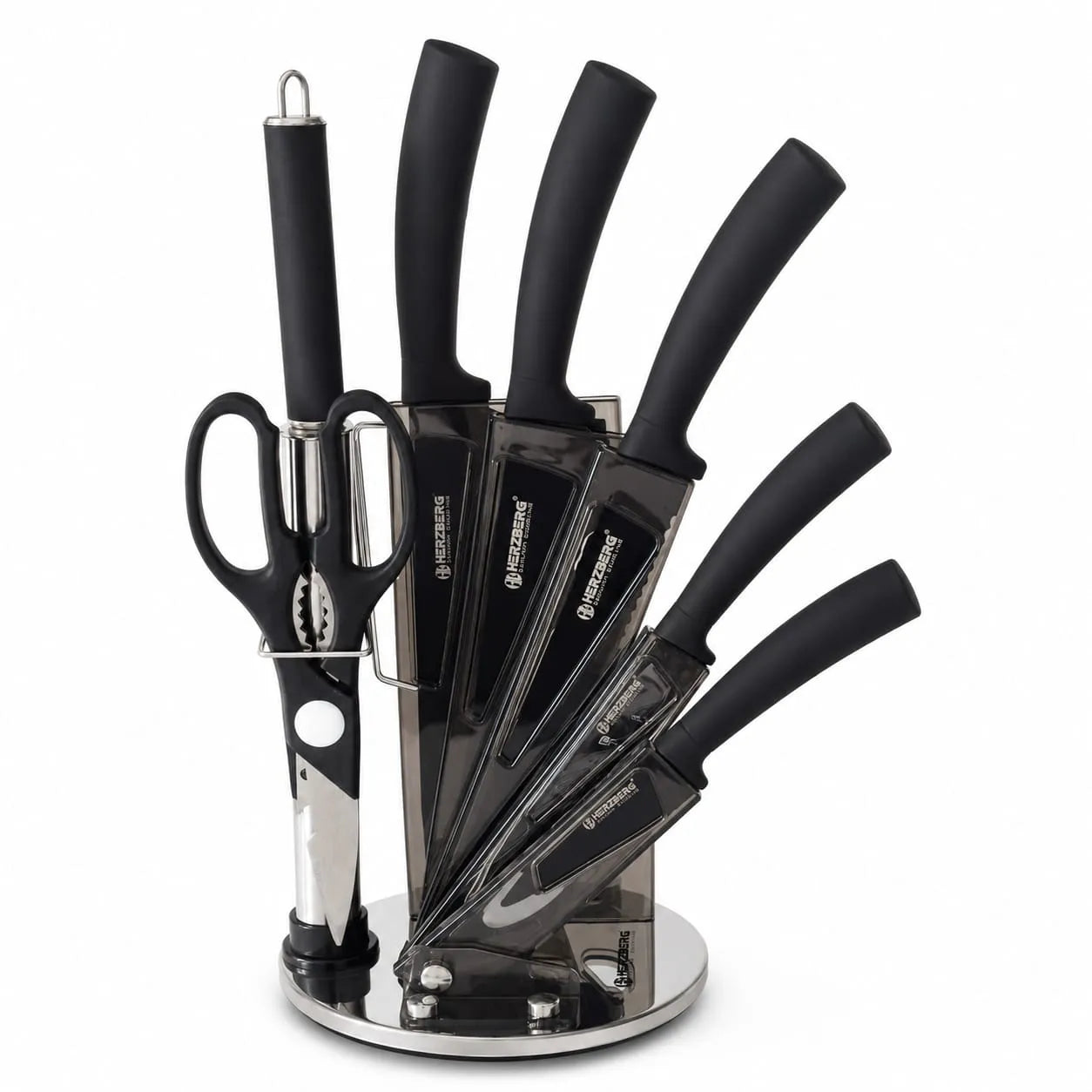 Set de couteaux de cuisine noir Herzberg HG-MSN8BLK avec support acrylique rotatif