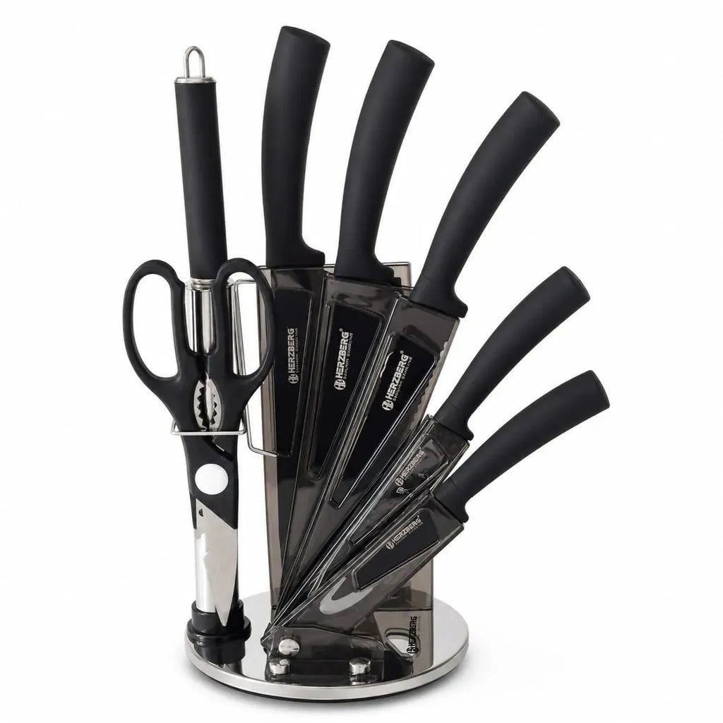 Set de couteaux de cuisine noir Herzberg HG-MSN8BLK avec support acrylique rotatif