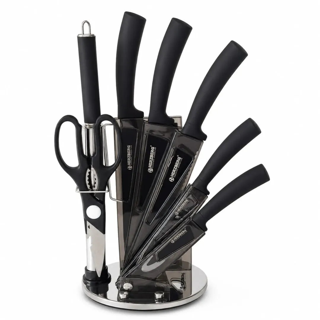 Set de couteaux de cuisine noir Herzberg HG-MSN8BLK avec support acrylique rotatif