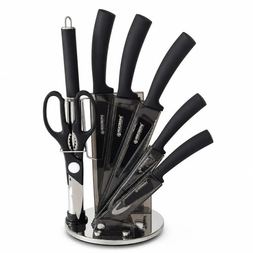 Set de couteaux de cuisine noir Herzberg HG-MSN8BLK avec support acrylique rotatif