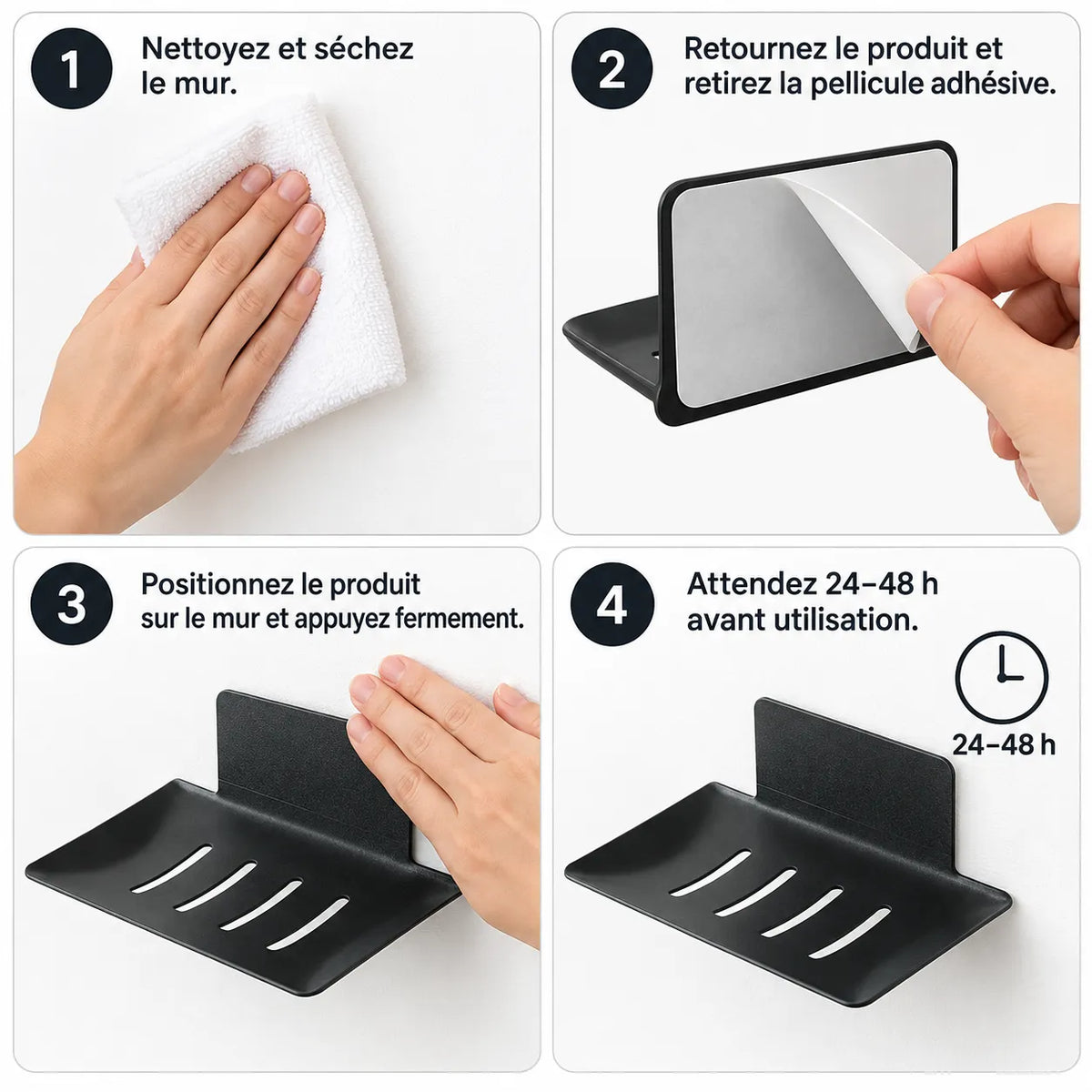 Guide d'installation facile du porte-savon noir mat, fixation sans perçage avec adhésif en quelques minutes