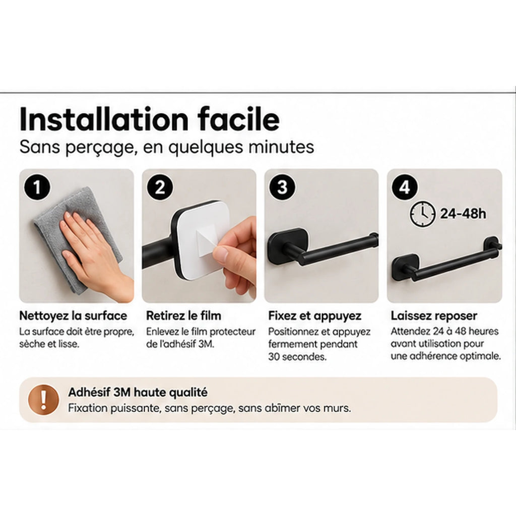 Guide d'installation facile du porte-serviette noir mat en acier inoxydable. Fixation sans perçage avec adhésif 3M haute qualité, en quelques minutes.