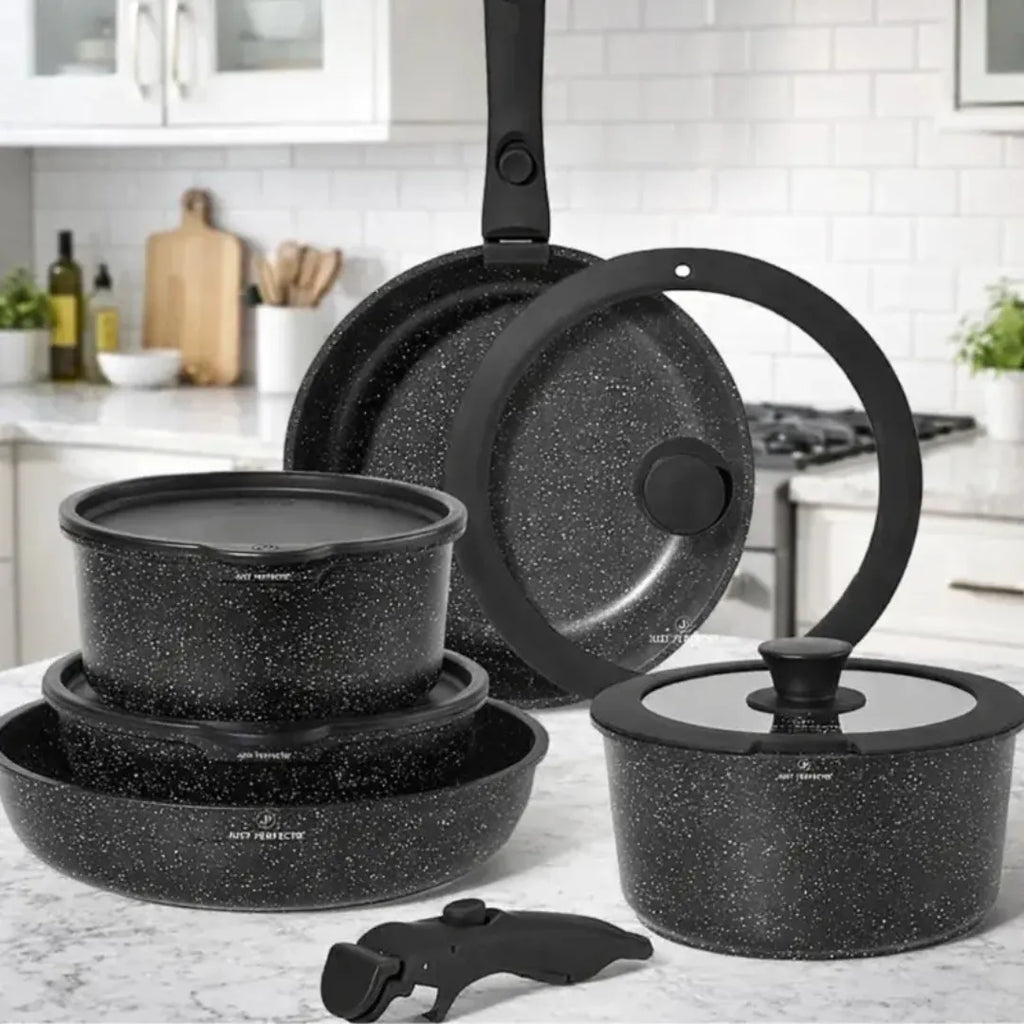 Batterie de cuisine Just Perfecto JL-998 noire avec poignées amovibles et revêtement effet granit