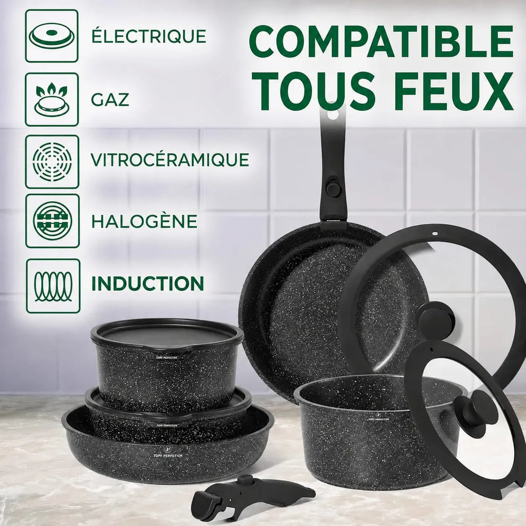 Infographie Just Perfecto JL-998 illustrant sa compatibilité avec l'électrique, le gaz, la vitrocéramique, l'halogène et l'induction.
