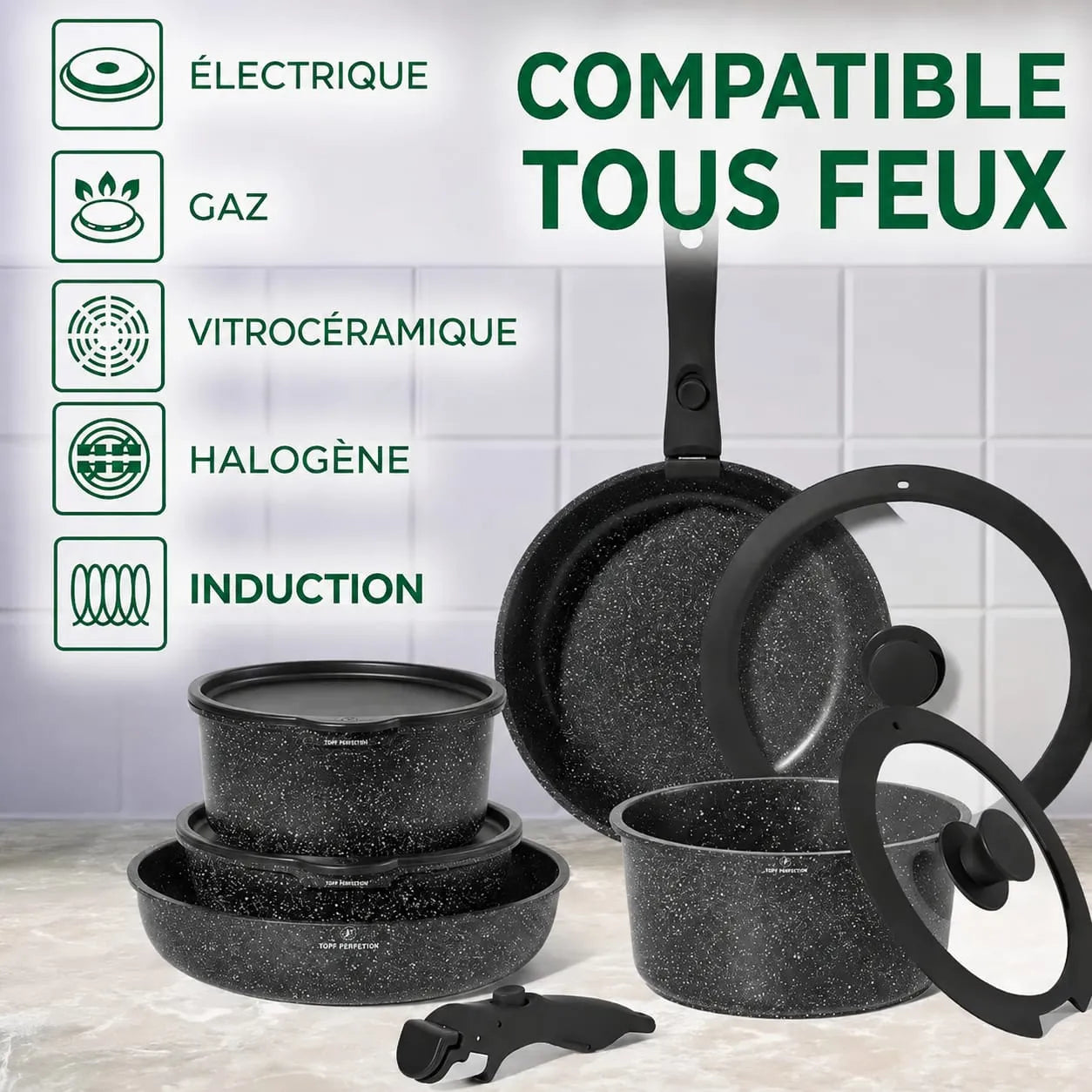 Infographie Just Perfecto JL-998 illustrant sa compatibilité avec l'électrique, le gaz, la vitrocéramique, l'halogène et l'induction.