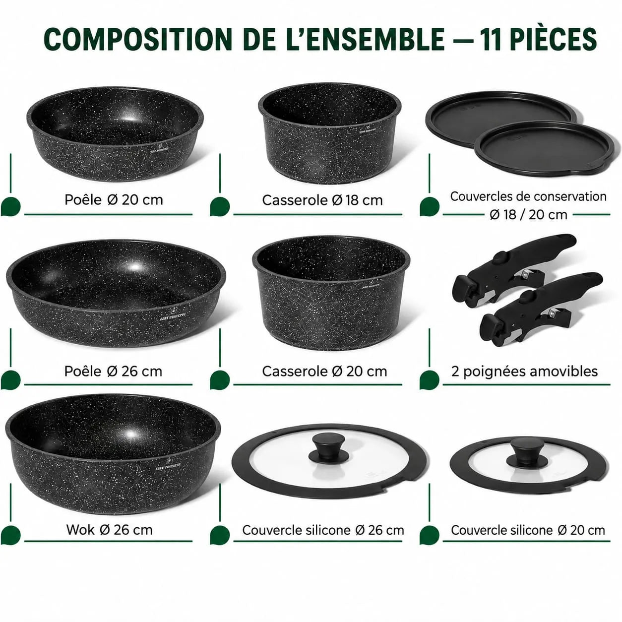 Composition détaillée du set Just Perfecto JL-998 11 pièces : poêles, casseroles, wok, couvercles en silicone et 2 poignées amovibles.