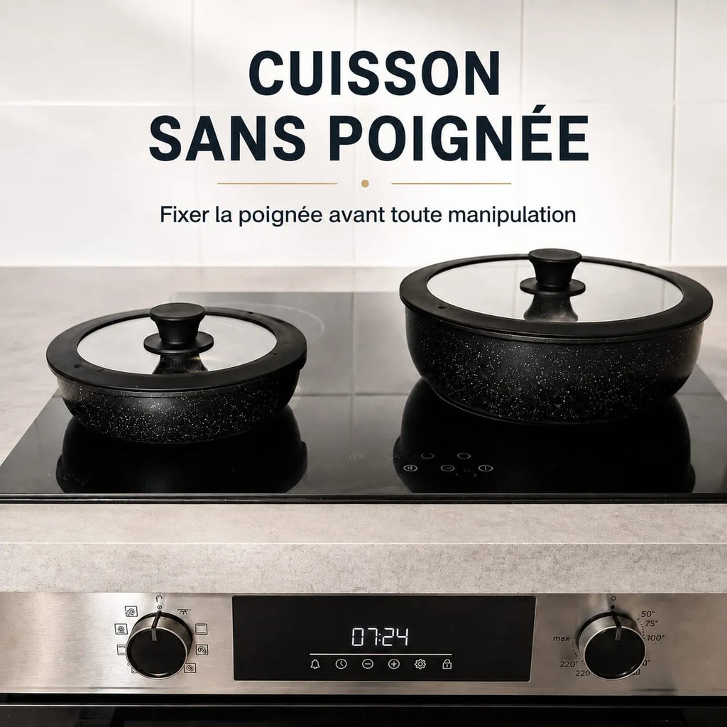 Ustensiles Just Perfecto JL-998 sans poignée sur plaque à induction, système de poignée clipable pour cuisson sécurisée et compacte.