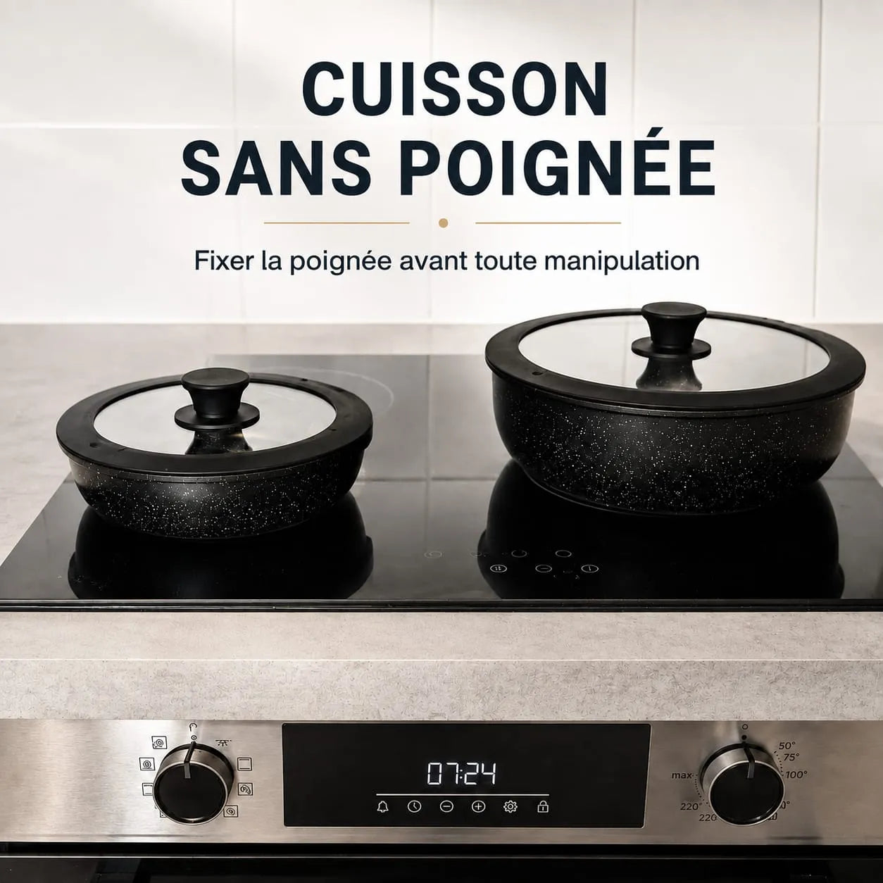 Ustensiles Just Perfecto JL-998 sans poignée sur plaque à induction, système de poignée clipable pour cuisson sécurisée et compacte.