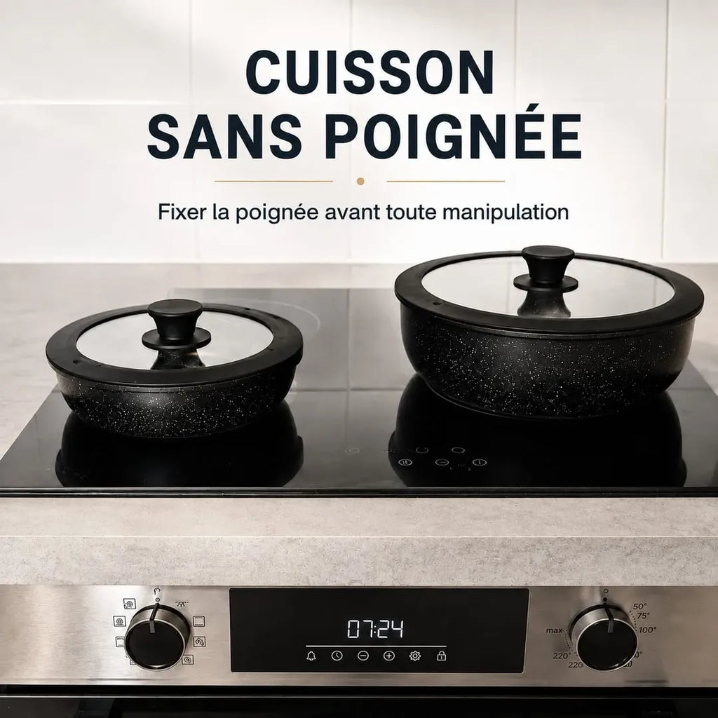 Ustensiles Just Perfecto JL-998 sans poignée sur plaque à induction, système de poignée clipable pour cuisson sécurisée et compacte.
