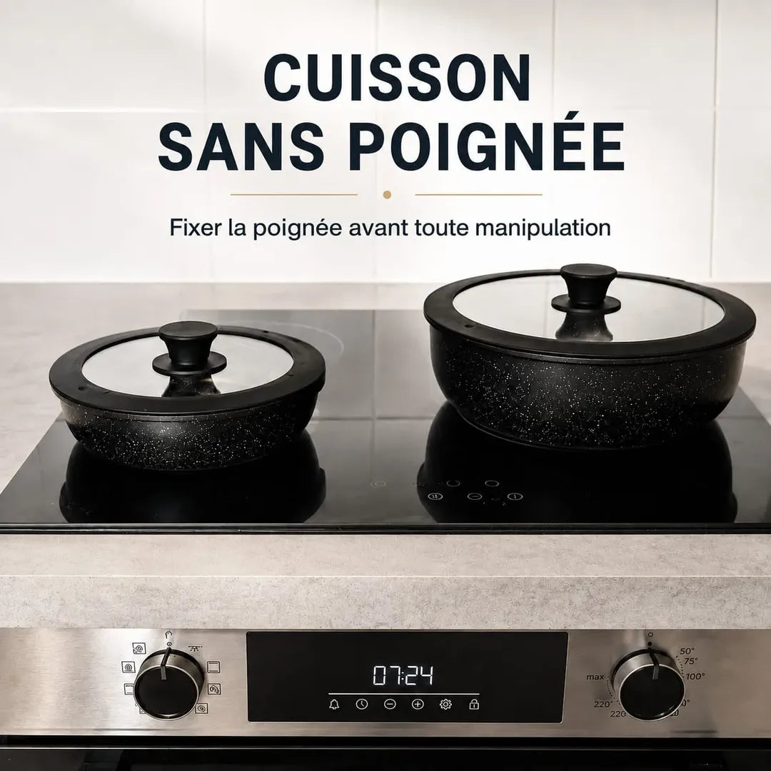 Ustensiles Just Perfecto JL-998 sans poignée sur plaque à induction, système de poignée clipable pour cuisson sécurisée et compacte.