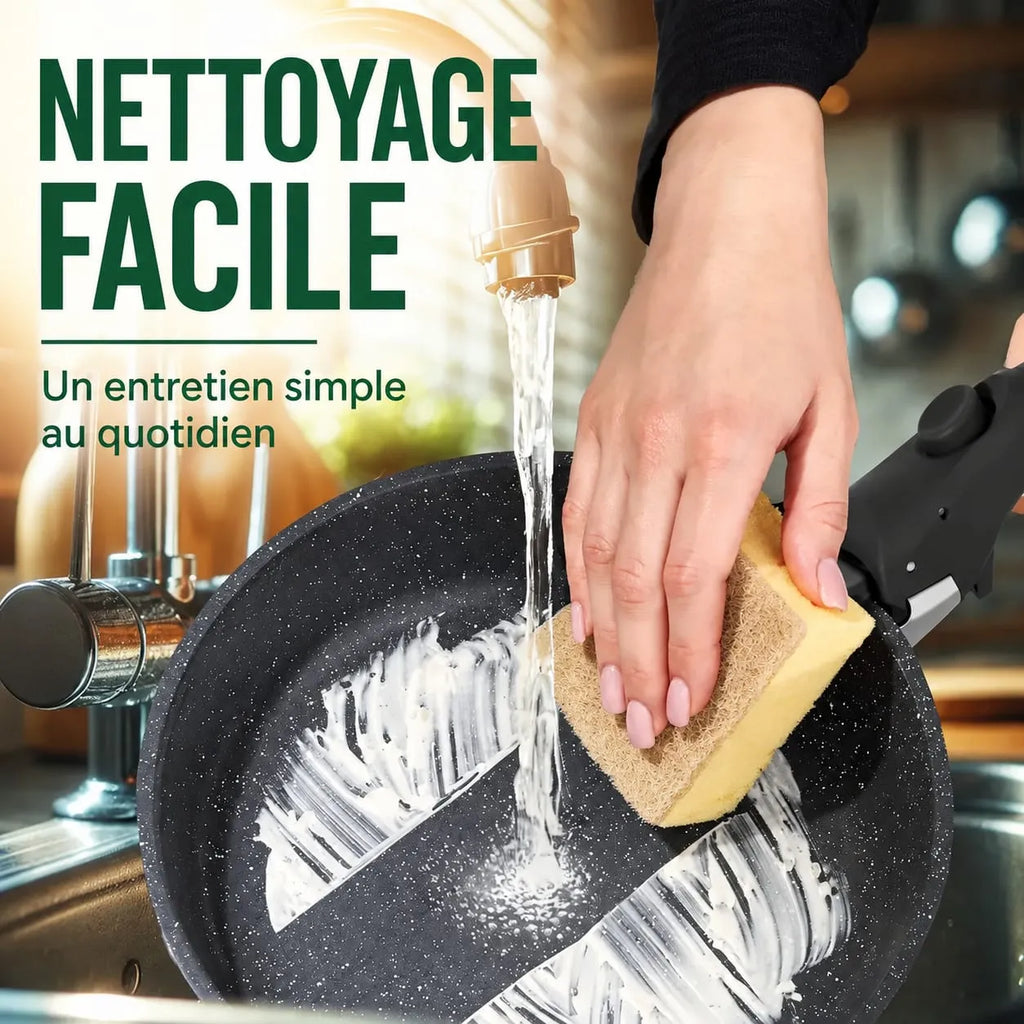 Nettoyage facile et rapide de la poêle antiadhésive Just Perfecto JL-998 avec une éponge sous l'eau, pour un entretien simplifié.