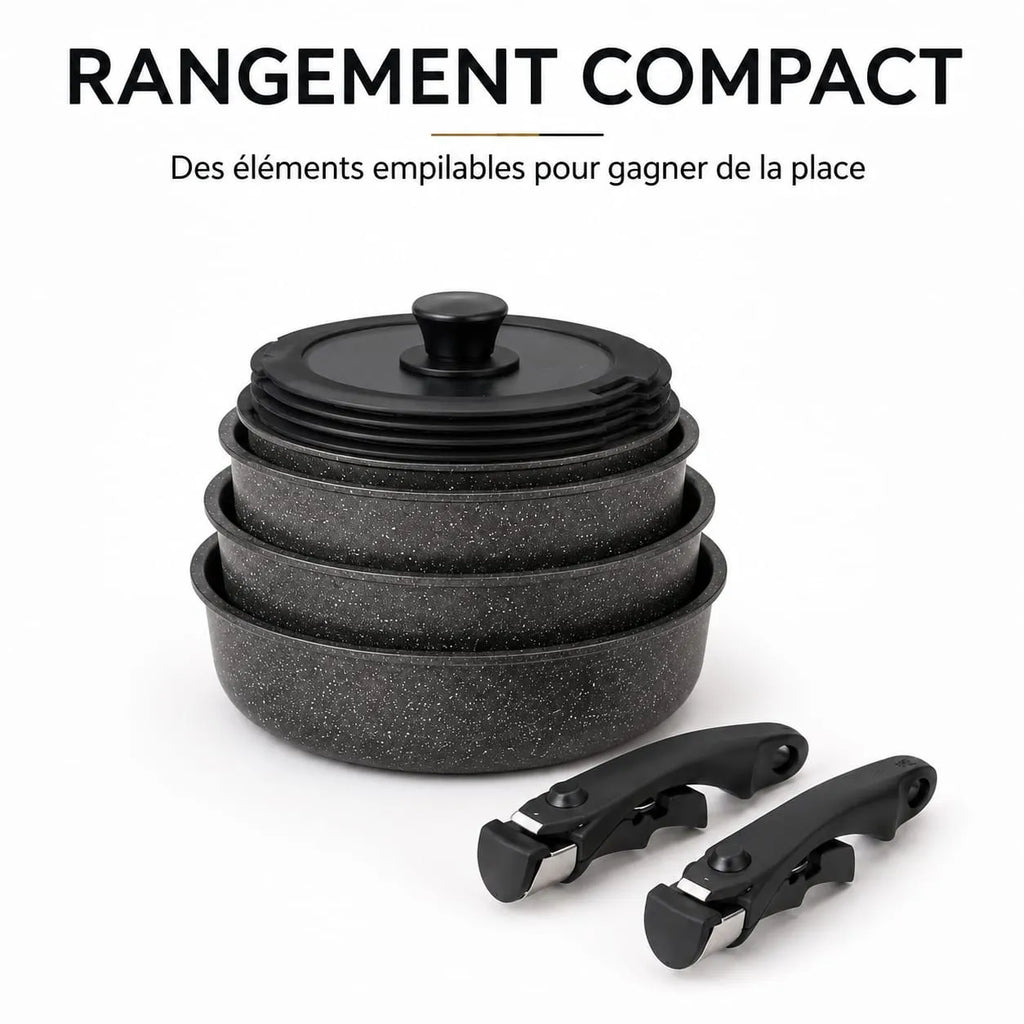 Batterie de cuisine Just Perfecto JL-998 empilable et gain de place pour un rangement compact dans les placards.