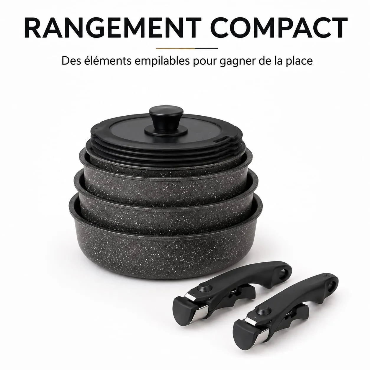 Batterie de cuisine Just Perfecto JL-998 empilable et gain de place pour un rangement compact dans les placards.