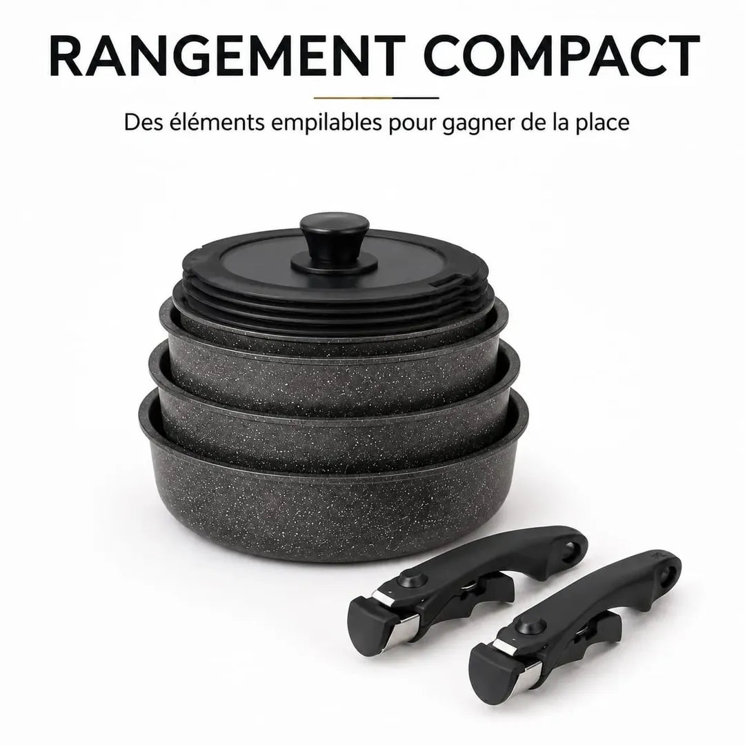 Batterie de cuisine Just Perfecto JL-998 empilable et gain de place pour un rangement compact dans les placards.