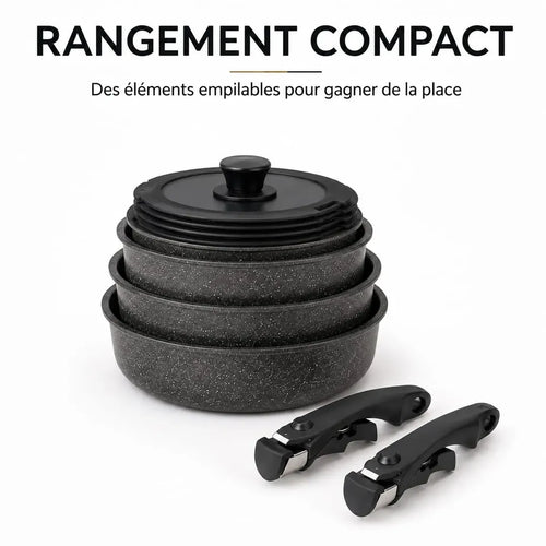 Batterie de cuisine Just Perfecto JL-998 empilable et gain de place pour un rangement compact dans les placards.