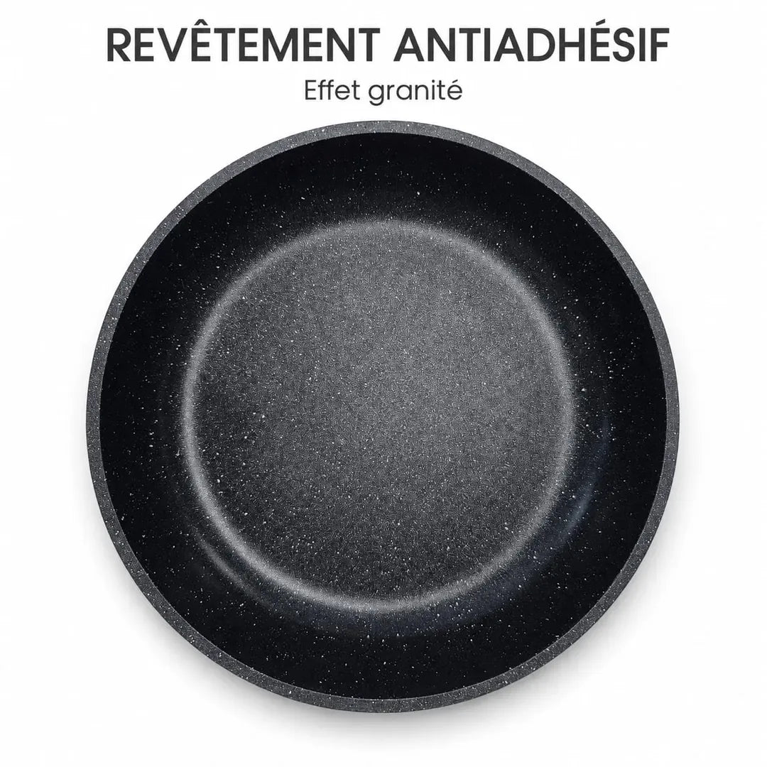 Détail du revêtement intérieur antiadhésif effet granit des ustensiles Just Perfecto JL-998, garantissant une cuisson saine sans collage.