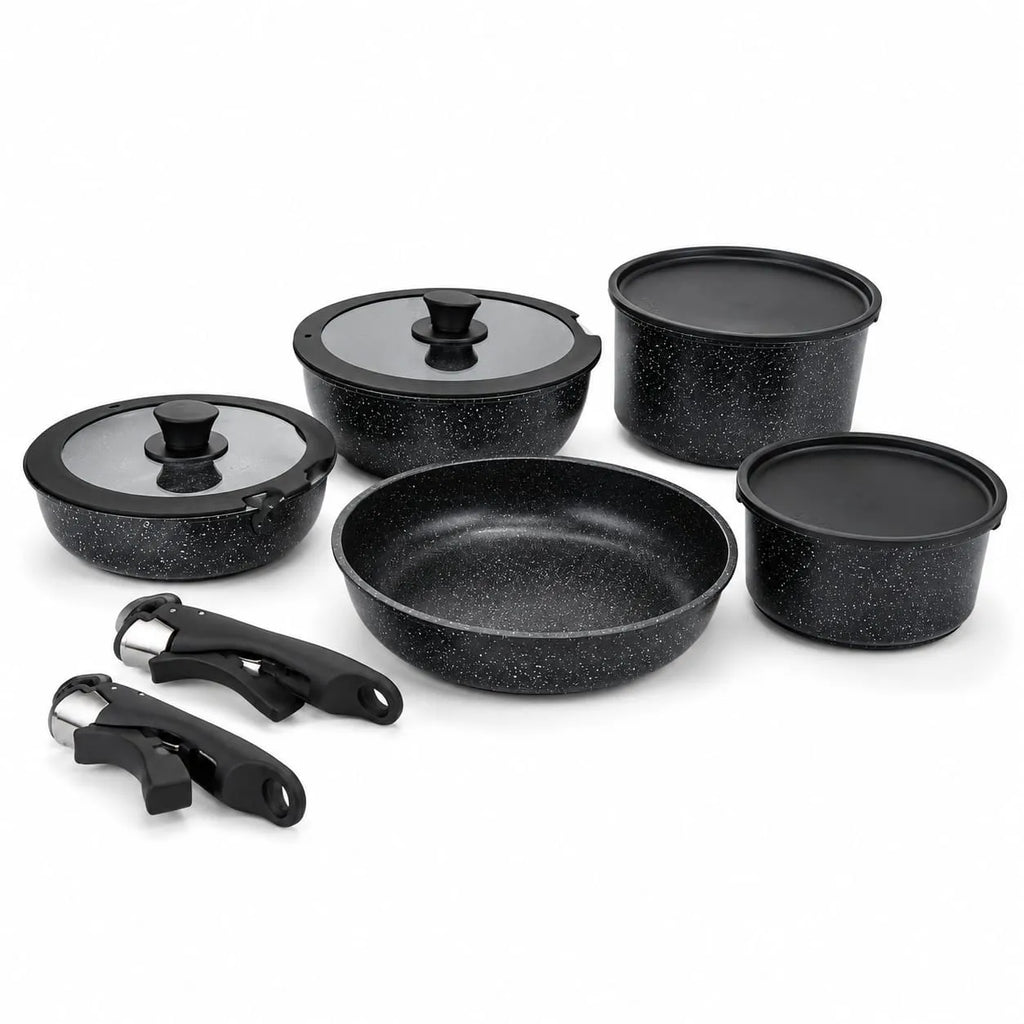 Ensemble de casseroles et poêles Just Perfecto JL-998 avec couvercles en verre et poignées amovibles, design noir granit.