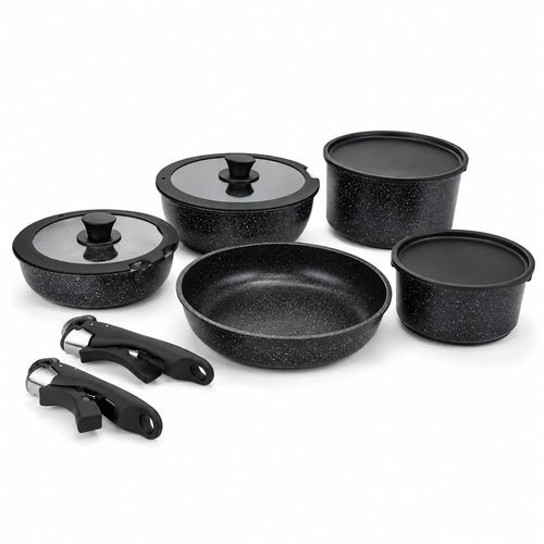 Ensemble de casseroles et poêles Just Perfecto JL-998 avec couvercles en verre et poignées amovibles, design noir granit.