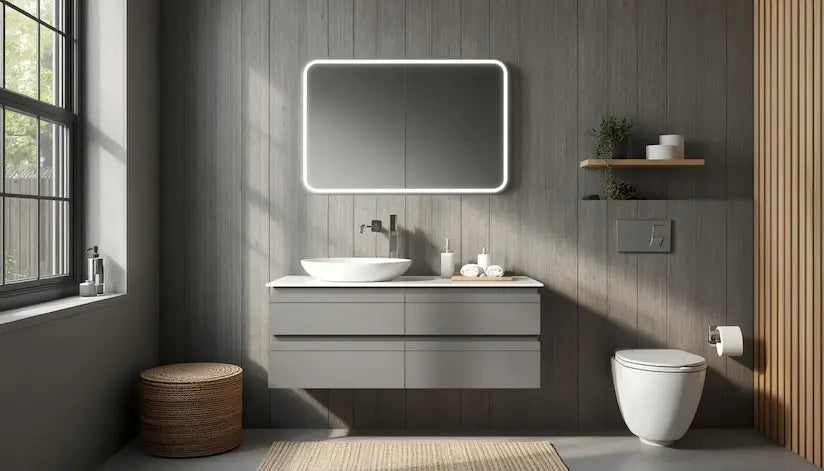 Salle de bain contemporaine organisée dans des tons gris et bois clair