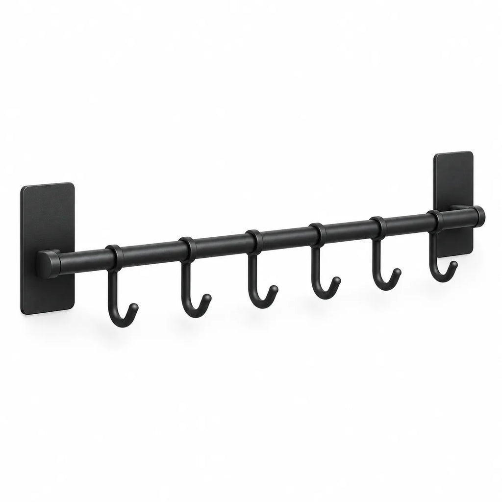 Porte-accessoires mural multifonction en acier inoxydable noir mat avec 6 crochets, idéal comme porte-torchon, porte-ustensiles ou organiseur de salle de bain