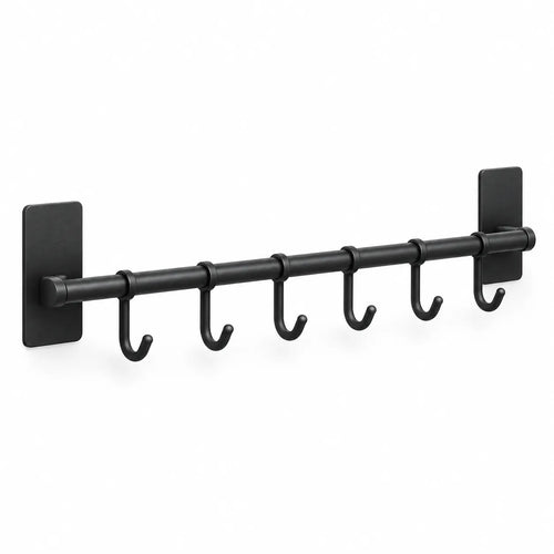 Porte-accessoires mural multifonction en acier inoxydable noir mat avec 6 crochets, idéal comme porte-torchon, porte-ustensiles ou organiseur de salle de bain