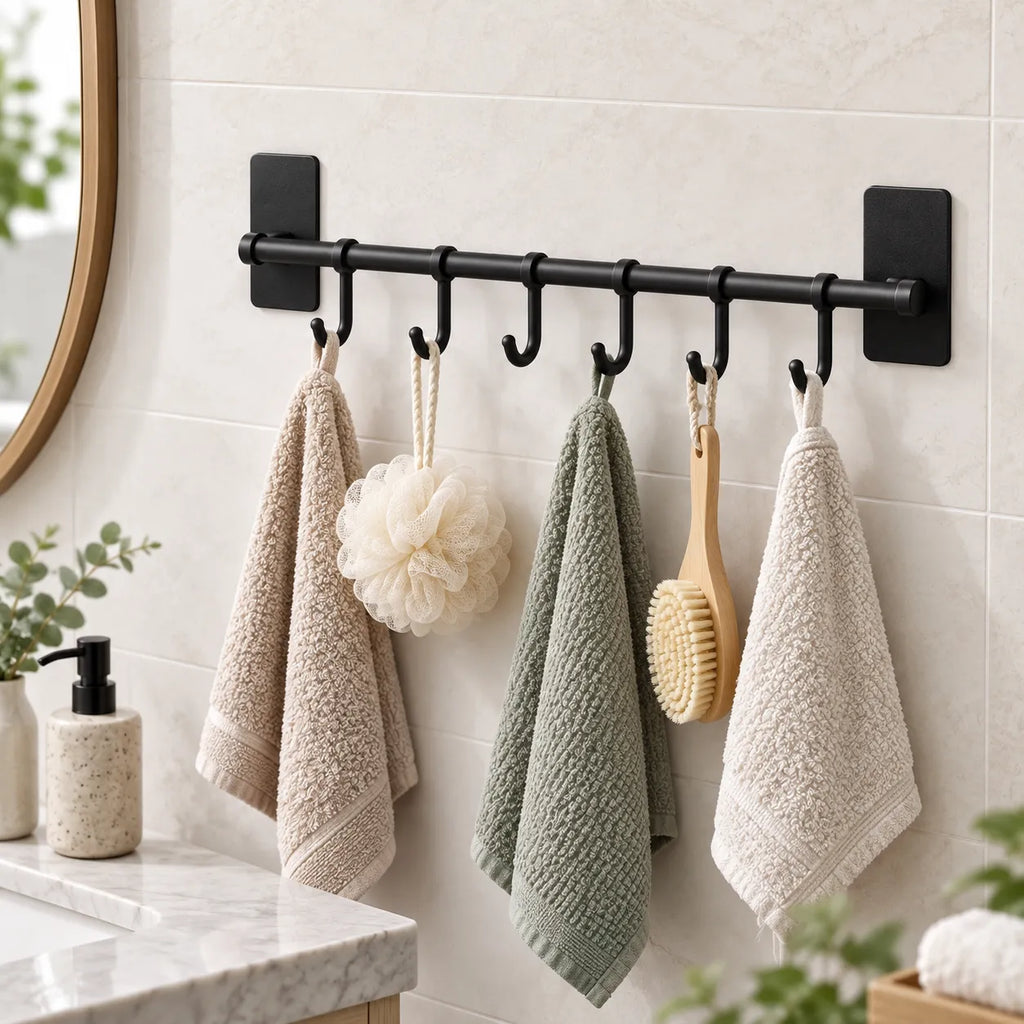 Porte-accessoires mural multifonction noir mat installé dans une salle de bain, supportant serviettes, gants et accessoires de toilette