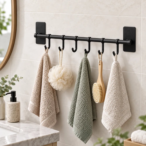 Porte-accessoires mural multifonction noir mat installé dans une salle de bain, supportant serviettes, gants et accessoires de toilette