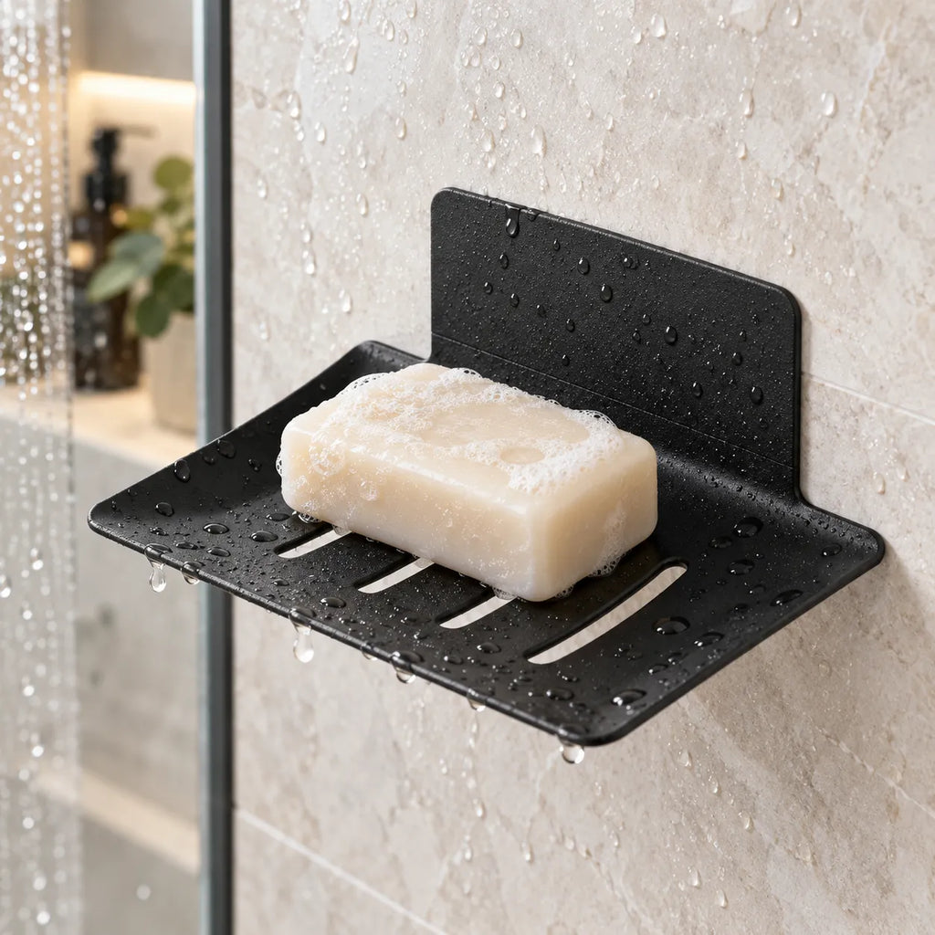 Porte-savon en acier inoxydable noir mat utilisé dans la douche pour poser une pierre ponce ou un savon

