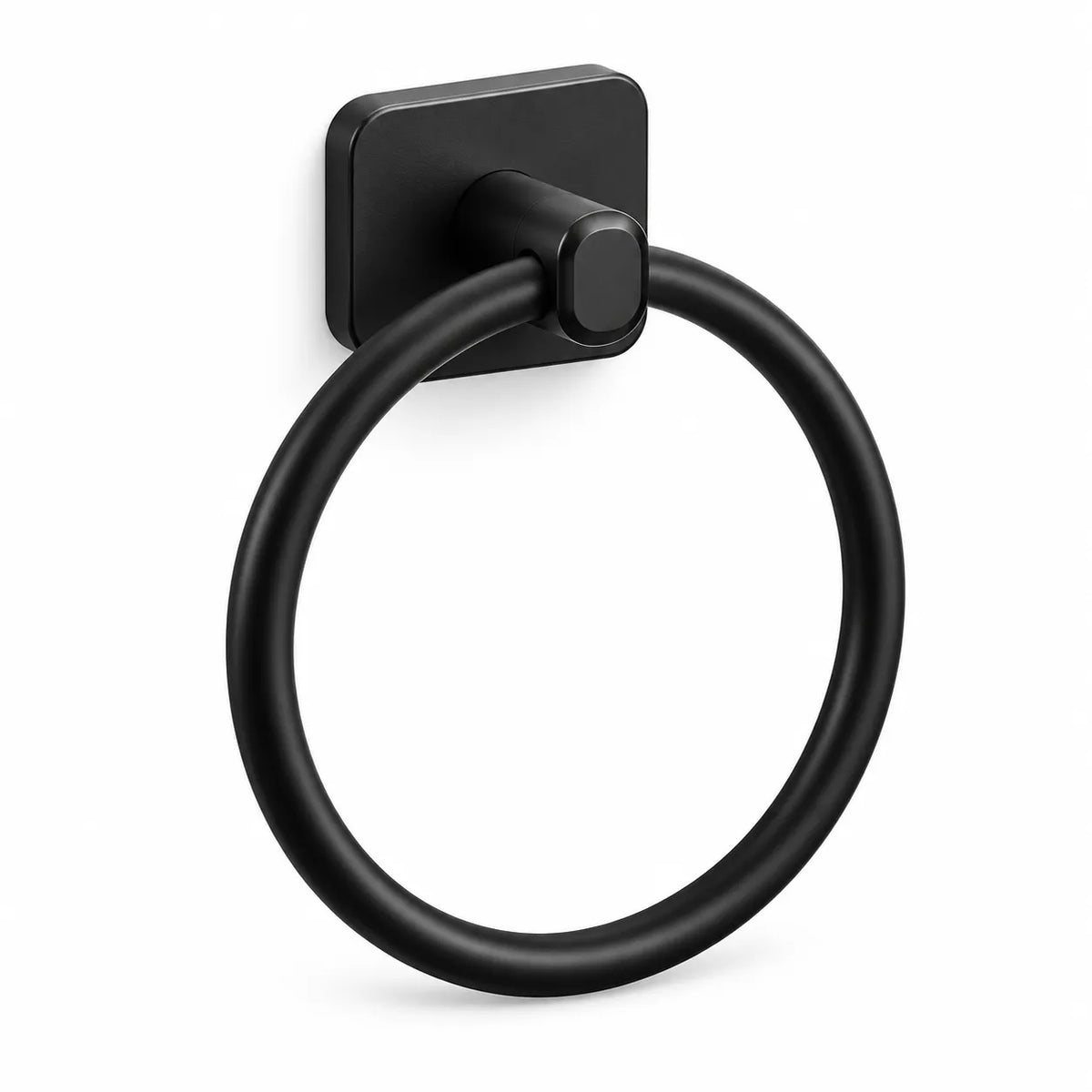 Porte-serviette anneau mural en acier inoxydable noir mat, fixation ronde pour salle de bain ou cuisine.