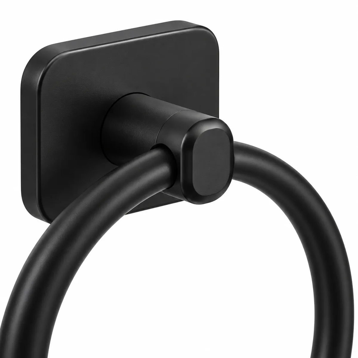 Gros plan sur l'anneau d'un porte-serviette en acier inoxydable noir mat, design moderne et épuré pour salle de bain.