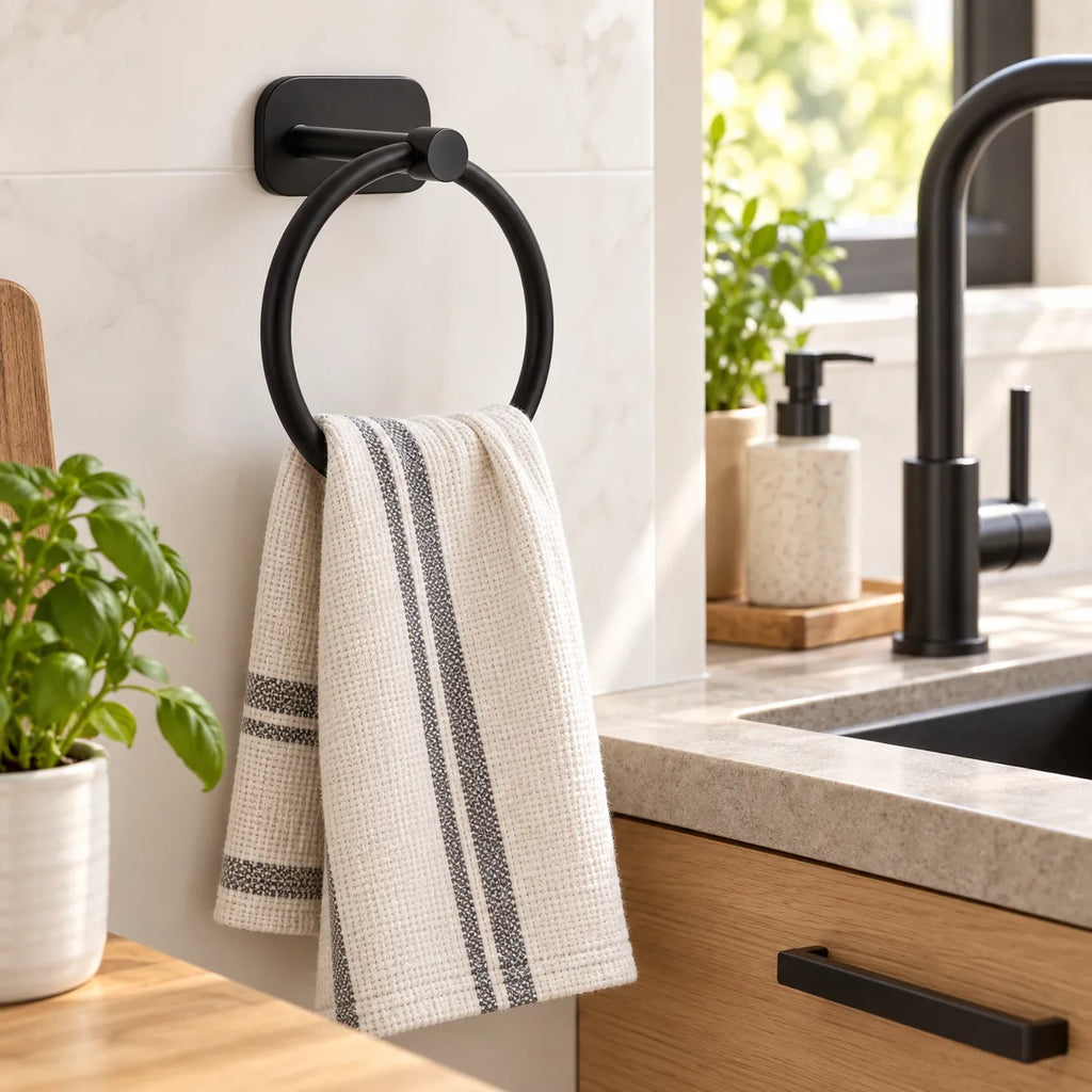 Porte-serviette anneau en acier inoxydable noir mat utilisé dans une cuisine comme porte-torchon à côté de l'évier.
