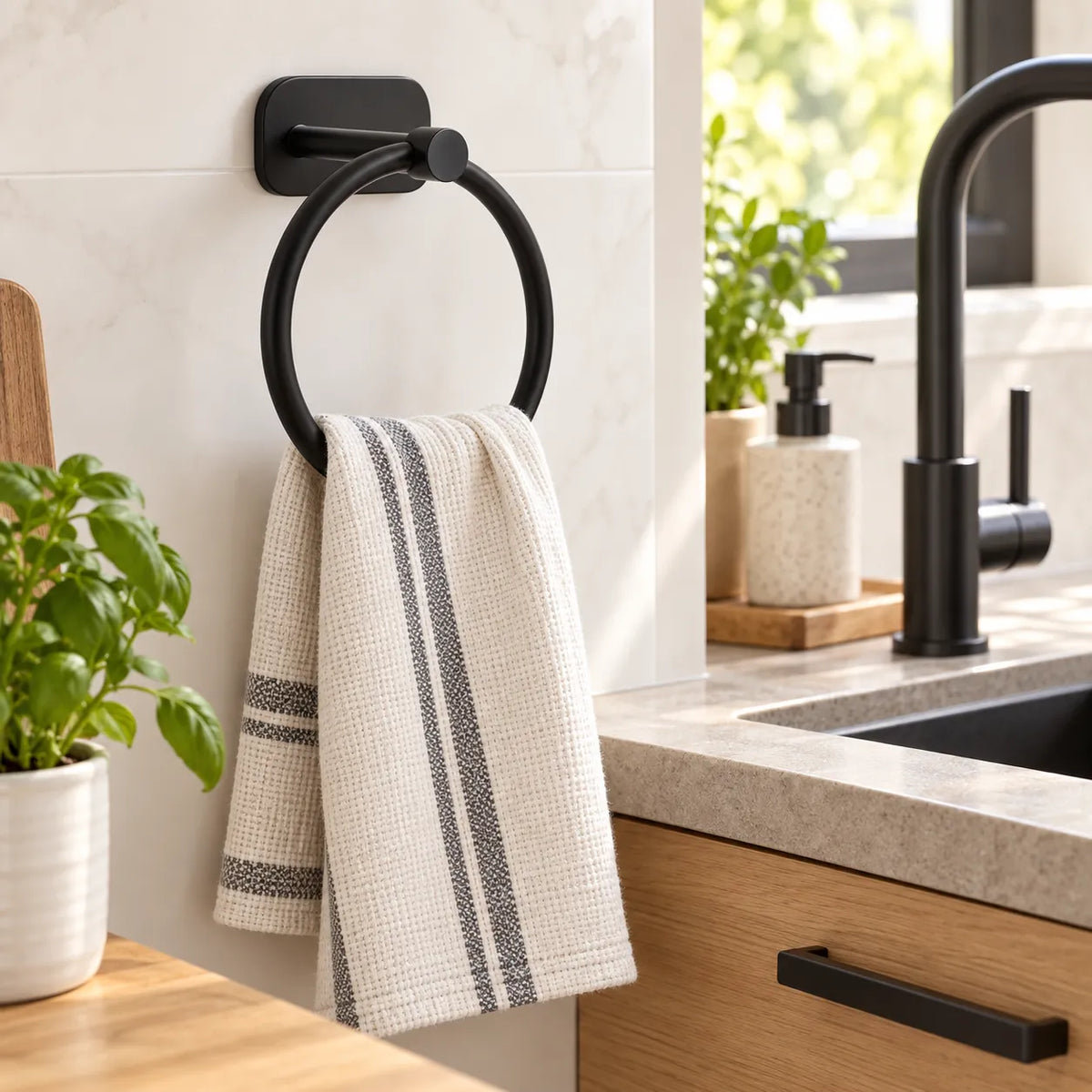 Porte-serviette anneau en acier inoxydable noir mat utilisé dans une cuisine comme porte-torchon à côté de l'évier.