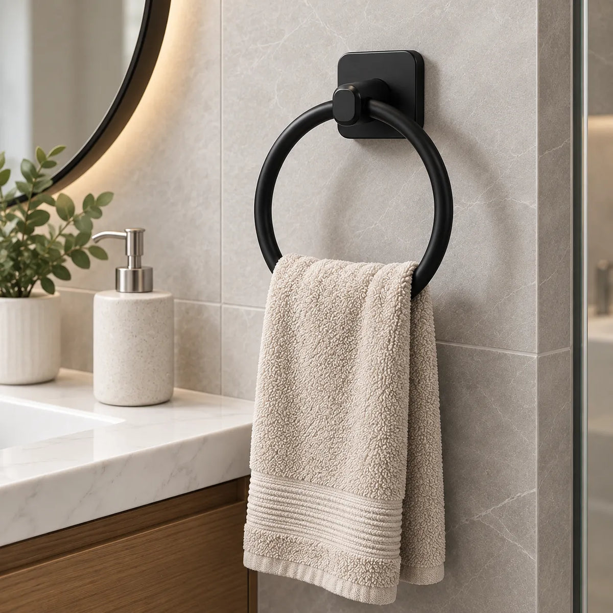 Porte-serviette anneau mural noir mat fixé à côté d'un lavabo, idéal pour suspendre les serviettes de toilette.