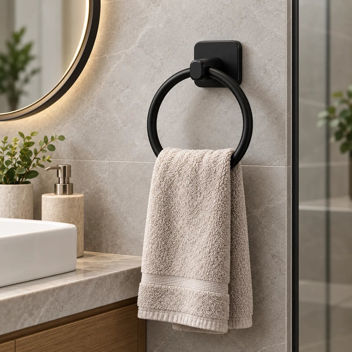 Porte-serviette anneau en acier inoxydable noir mat installé dans une salle de bain moderne, avec une serviette suspendue.