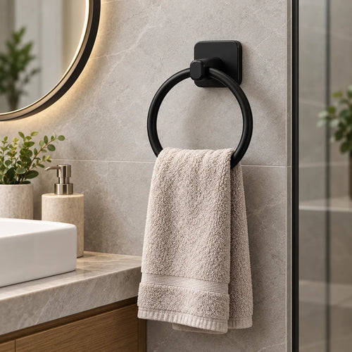 Porte-serviette anneau en acier inoxydable noir mat installé dans une salle de bain moderne, avec une serviette suspendue.