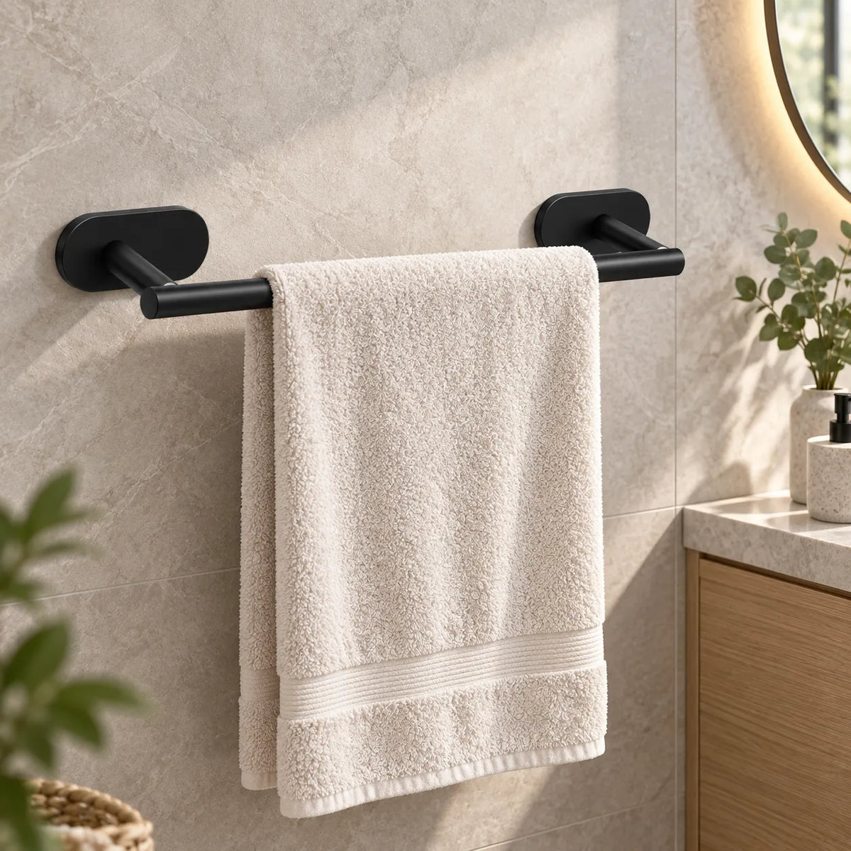Porte-serviette design en acier inoxydable noir mat. Fixation murale solide pour suspendre vos serviettes de bain.

