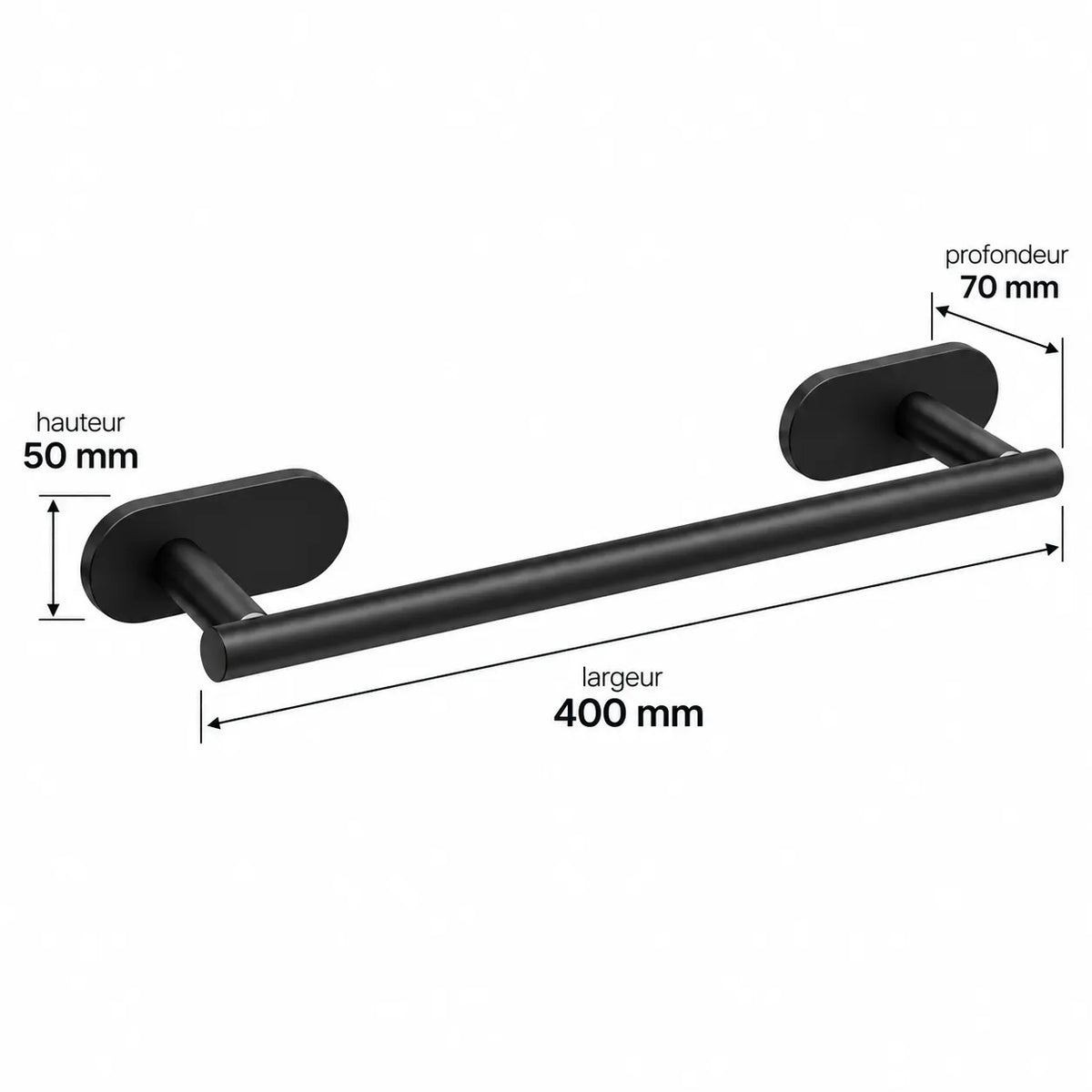 Schéma technique du porte-serviette de bain noir mat en acier inoxydable. Dimensions : largeur 400 mm, hauteur 50 mm et profondeur 70 mm.