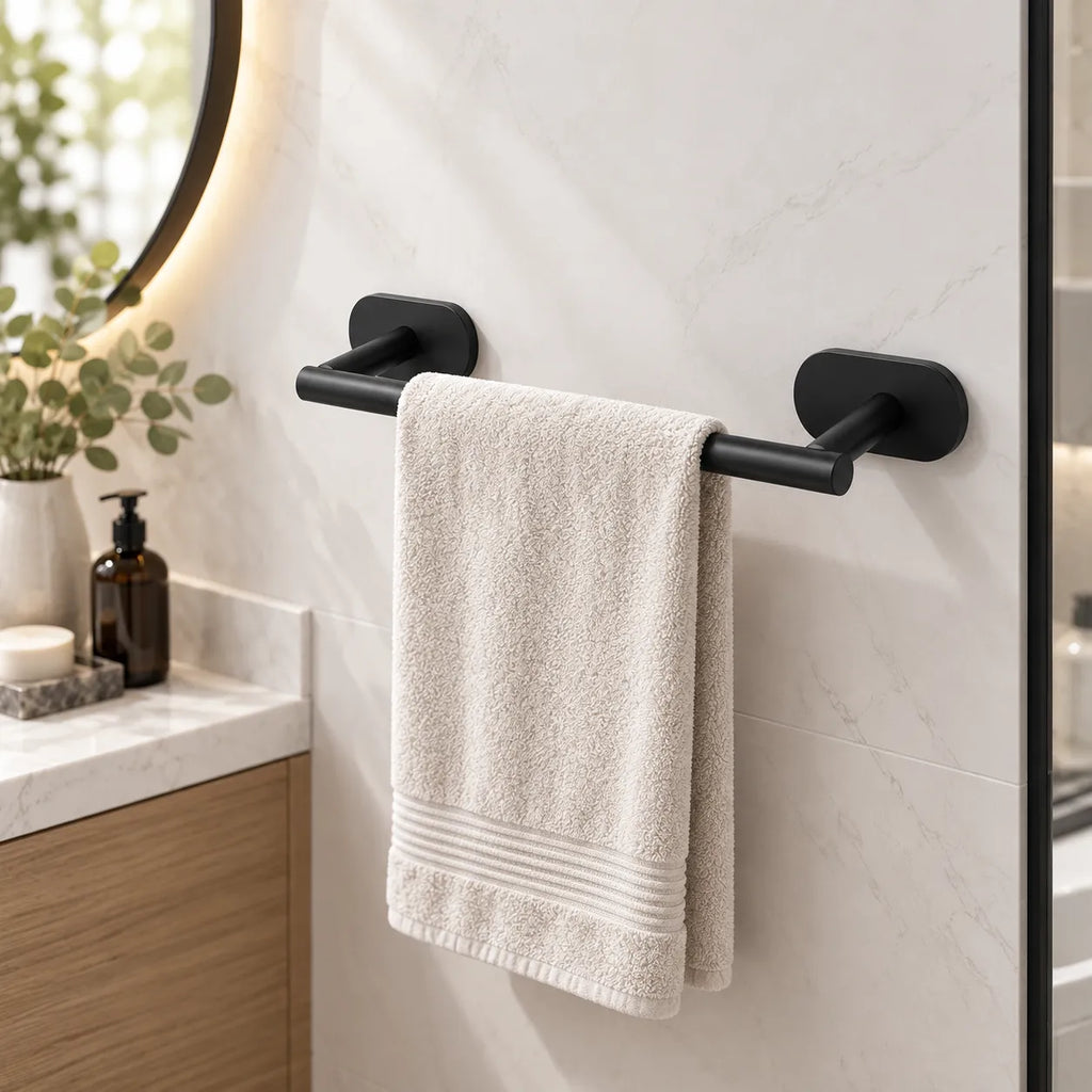 Porte-serviette de bain en acier inoxydable noir mat, fixé au mur avec une serviette blanche. Idéal pour une salle de bain moderne.