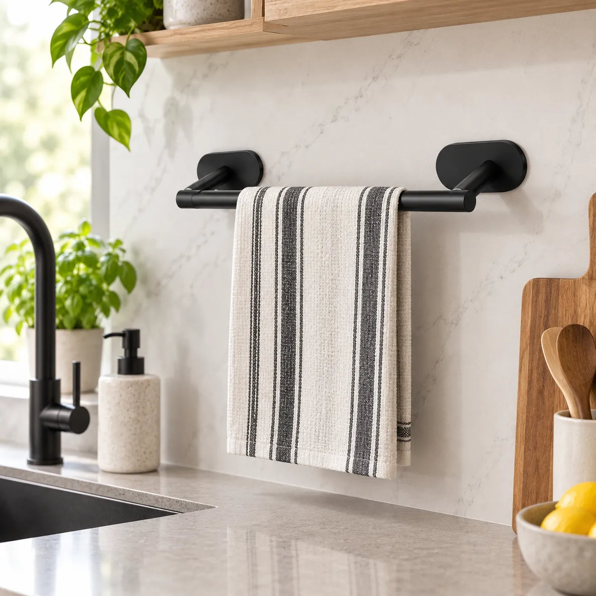 Porte-torchon en acier inoxydable noir mat. Utilisé comme porte-serviette dans une cuisine moderne pour suspendre un torchon.