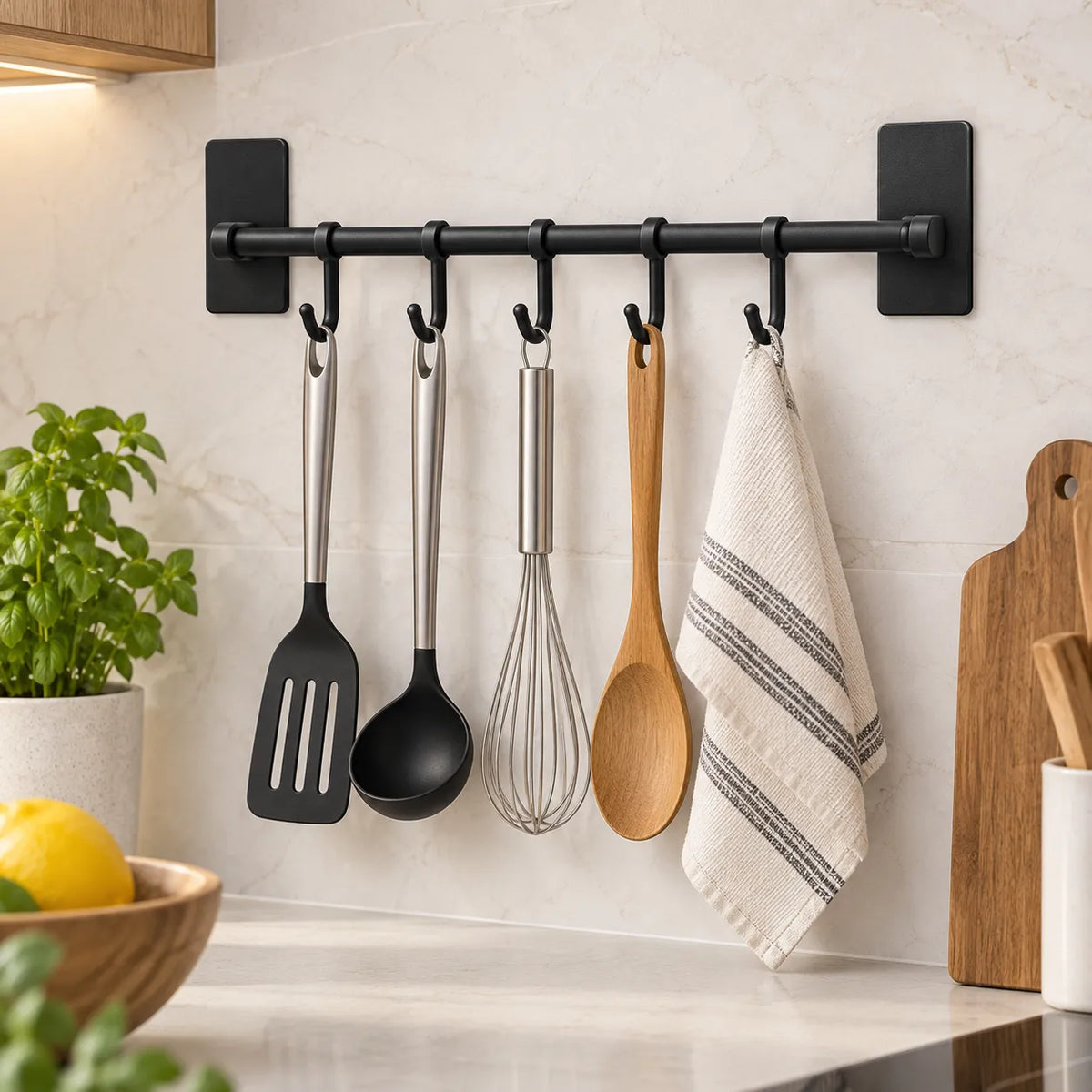 Porte-accessoires mural multifonction noir mat utilisé dans une cuisine comme porte-ustensiles et porte-torchon à côté de l'évier