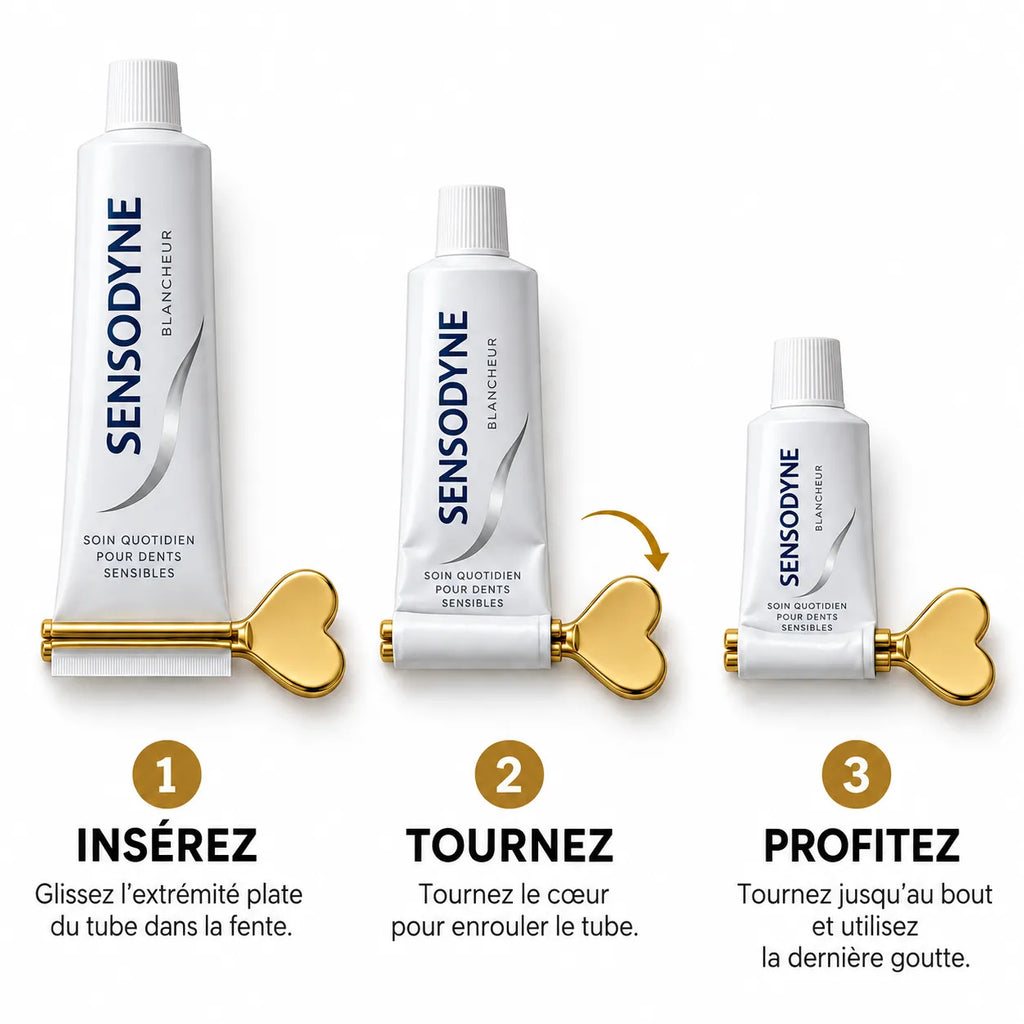 Tutoriel en 3 étapes en français pour utiliser le presse-tube à dentifrice manuel. Étape 1 : Insérez l'extrémité plate du tube dans la fente. Étape 2 : Tournez la clé en forme de cœur pour enrouler le tube. Étape 3 : Profitez et utilisez la dernière goutte de dentifrice.