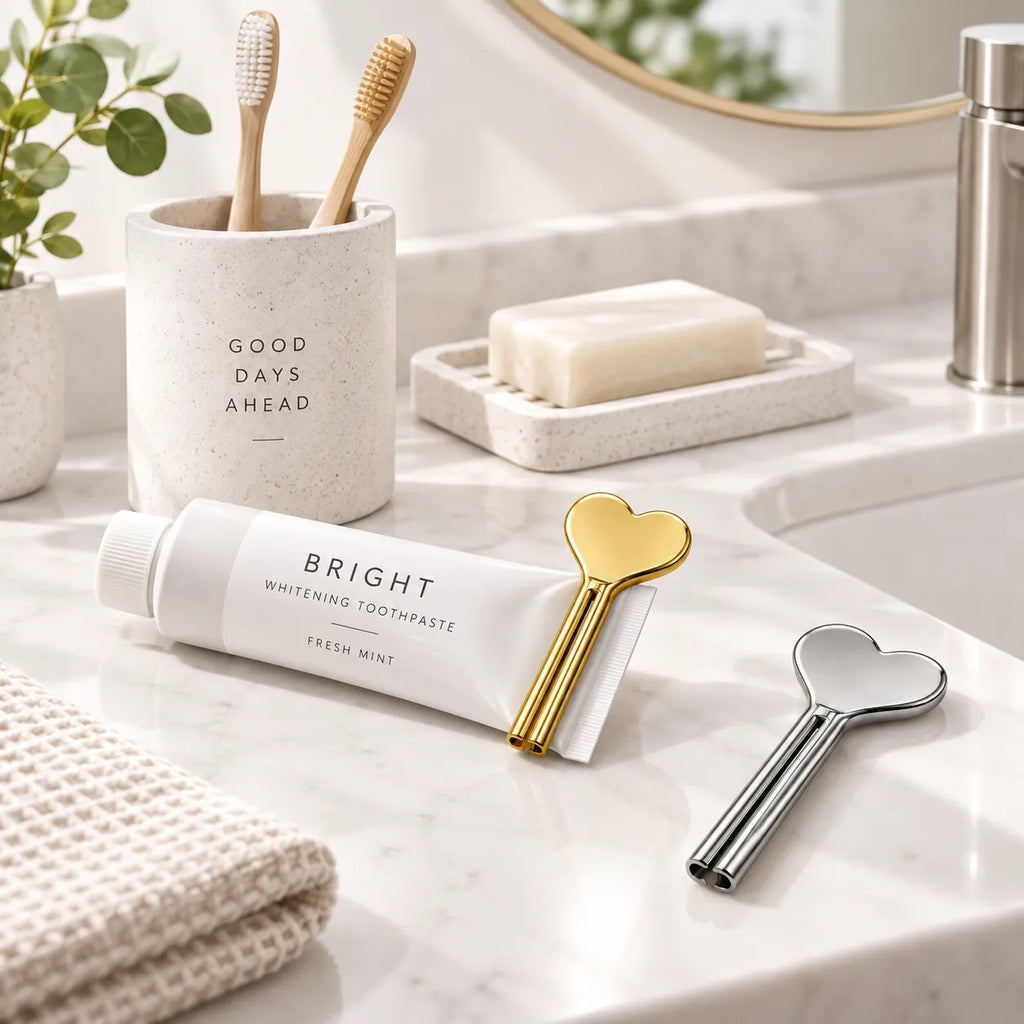 Ambiance de salle de bain moderne avec un presse-tube à dentifrice doré en forme de cœur sur un plan de travail en marbre. Le tube de dentifrice "Bright" est enroulé, à côté d'une brosse à dents en bambou et d'un savon.