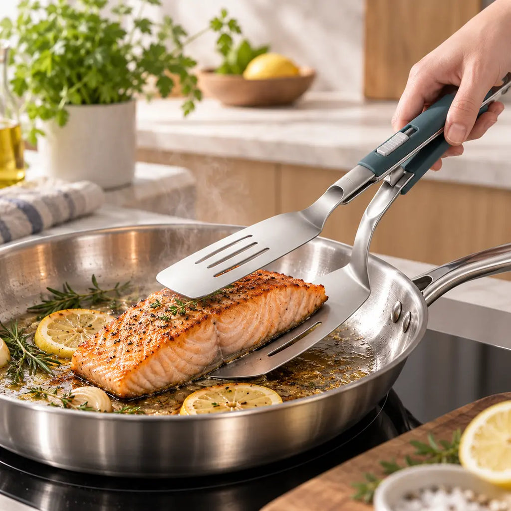 Filet de saumon soutenu délicatement par une spatule-pince 2-en-1