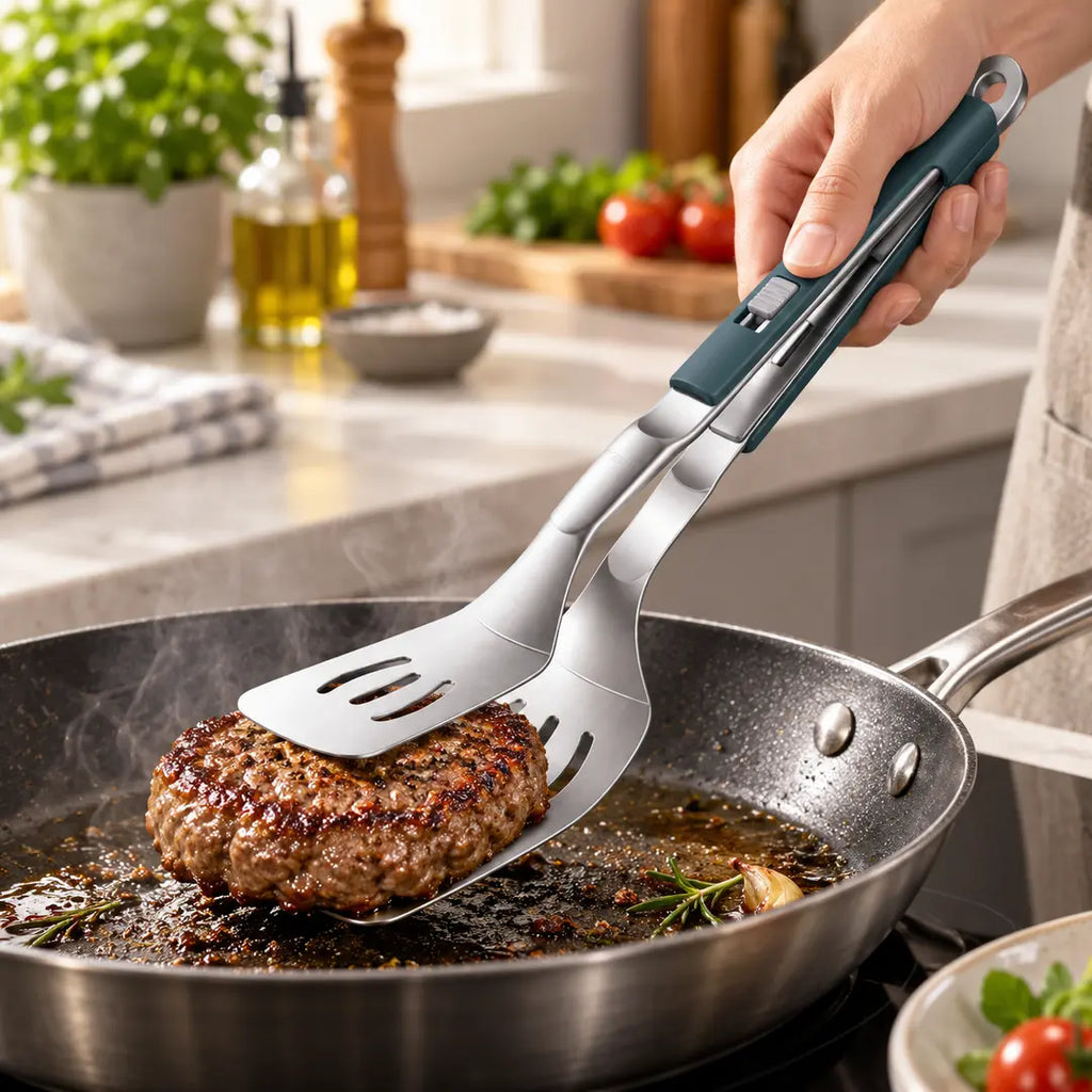 Spatule-pince 2-en-1 utilisée pour retourner un steak dans une poêle
