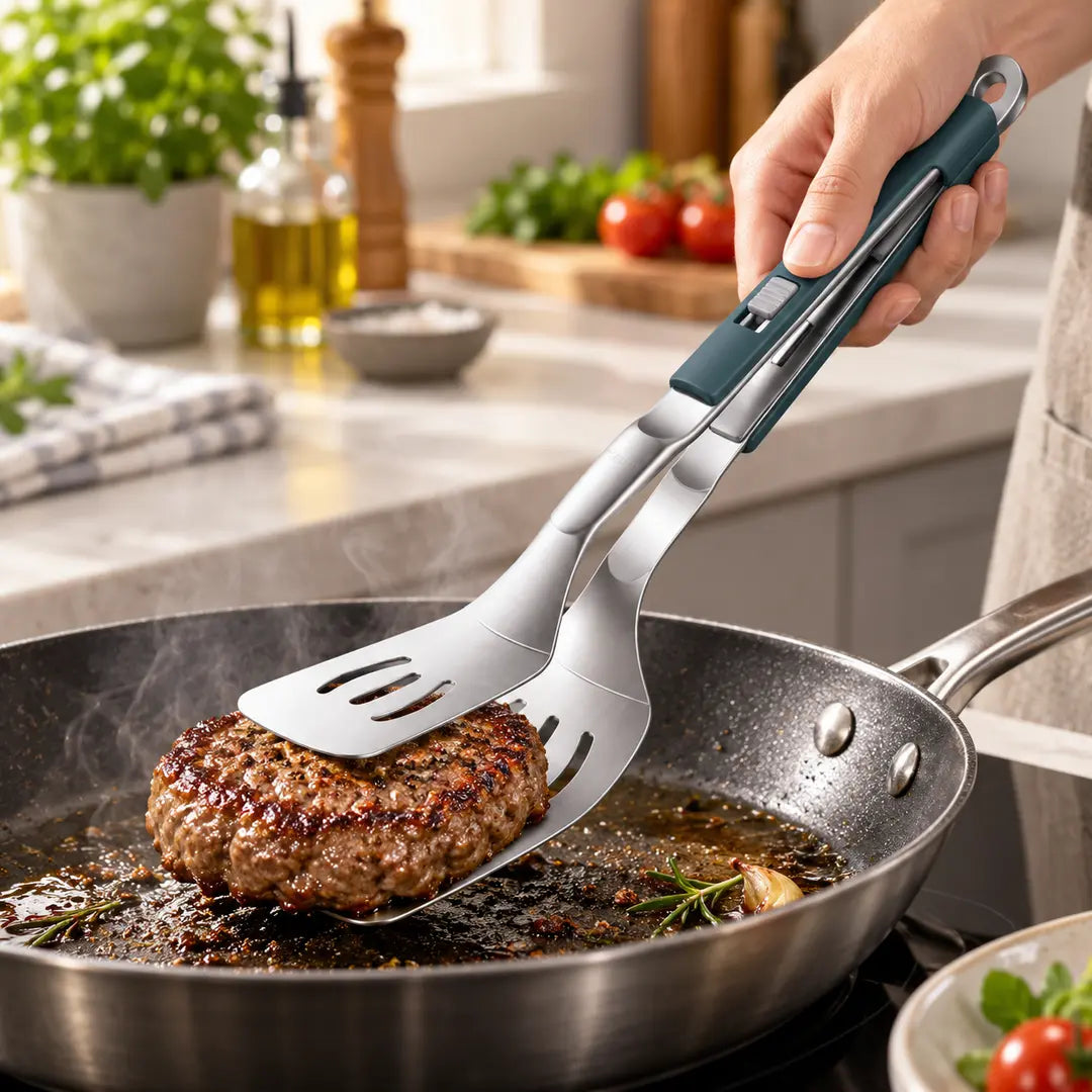 Spatule-pince 2-en-1 utilisée pour retourner un steak dans une poêle